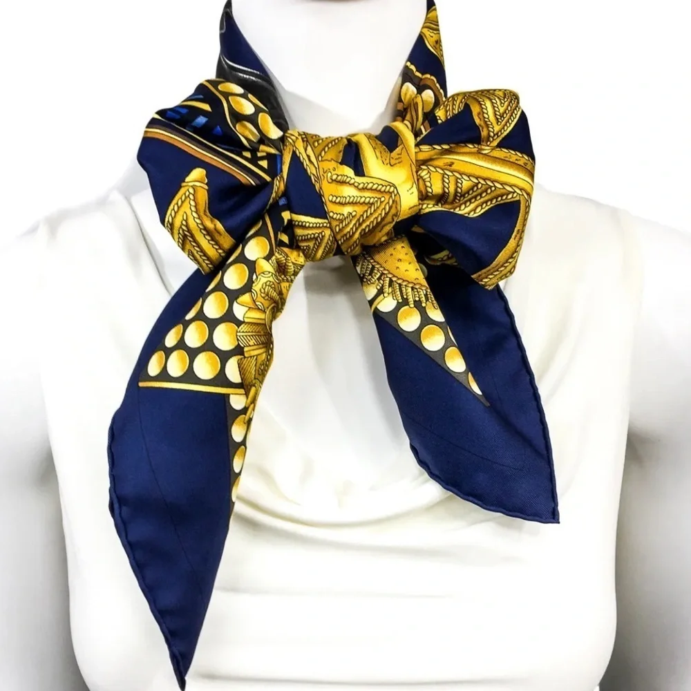 Hermès Scarf “L'or des Chefs” Navy & Gold 100% Silk Scarf ~ RARE! ~ Includes Box
